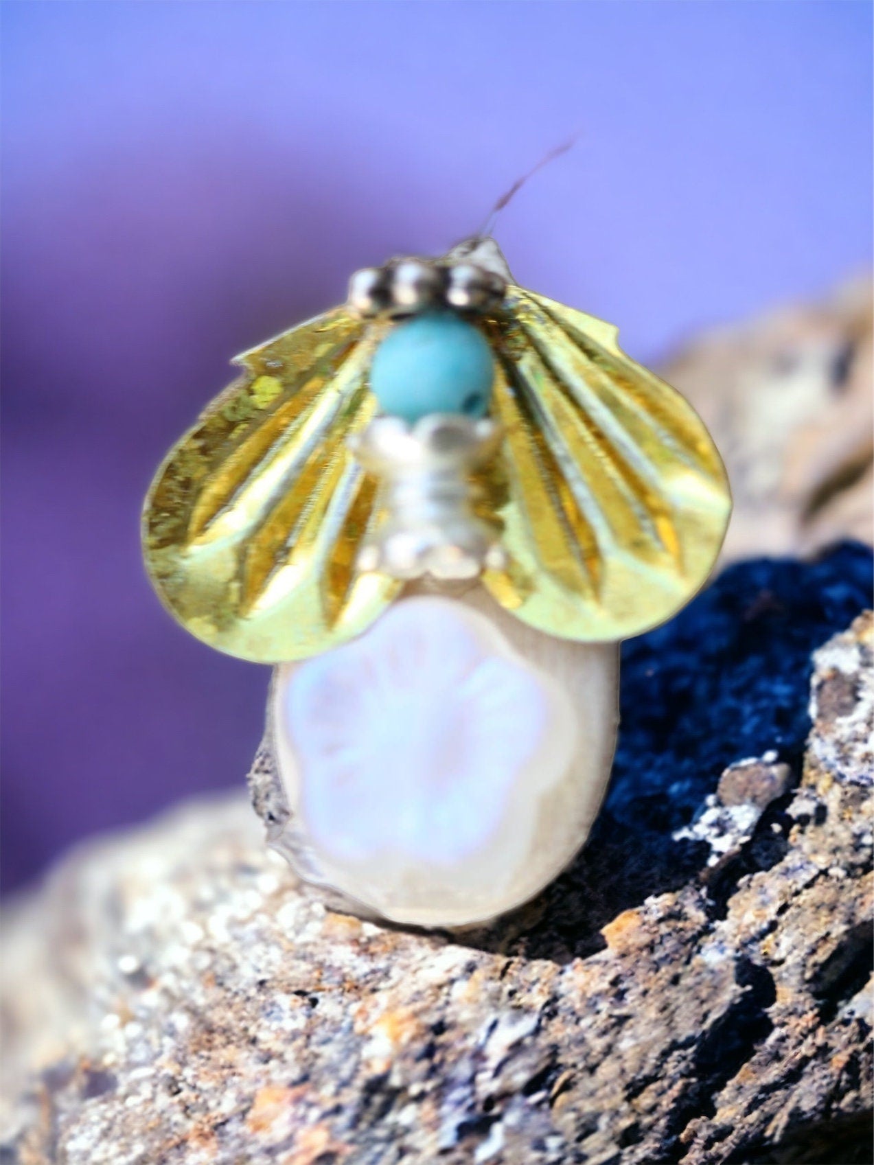 Meet "Buzz" - Assemblage art / mixed media collage - little flying insect magnet, lapel pin or necklace pendant