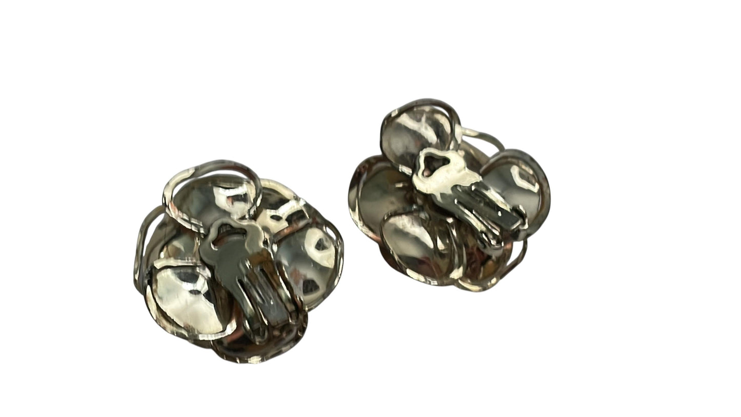 Vintage Gold Flower Clip-On Earrings with Aurora Borealis Rhinestone Centers