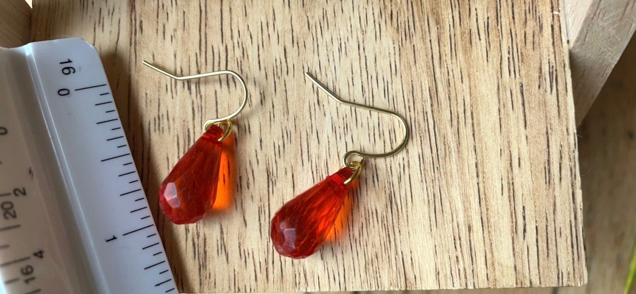 Simple upcycled orangish red faux crystal teardrop dangle earrings