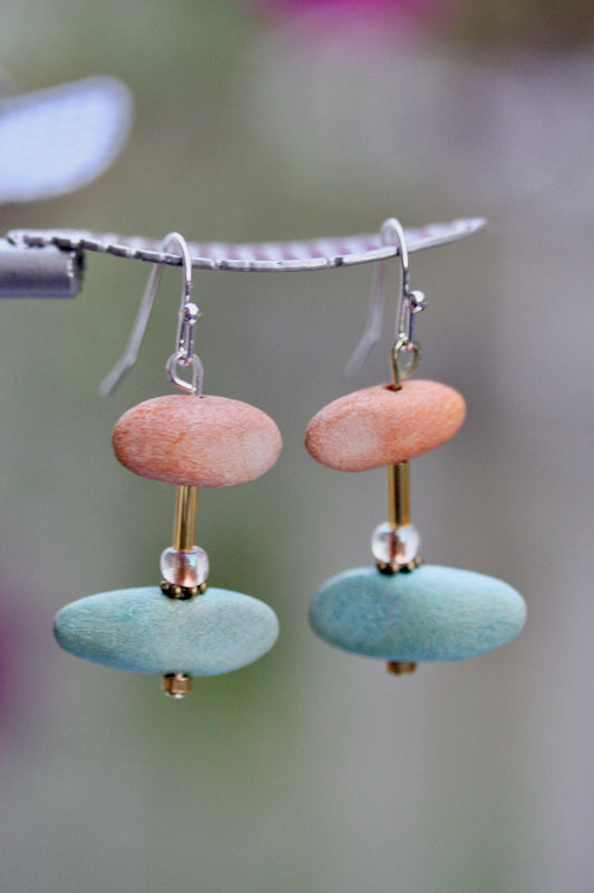 Turquoise and terra cotta colored dyed vintage drfitwood, emerald colored green crystal and copper colored metal handmade dangle earrings