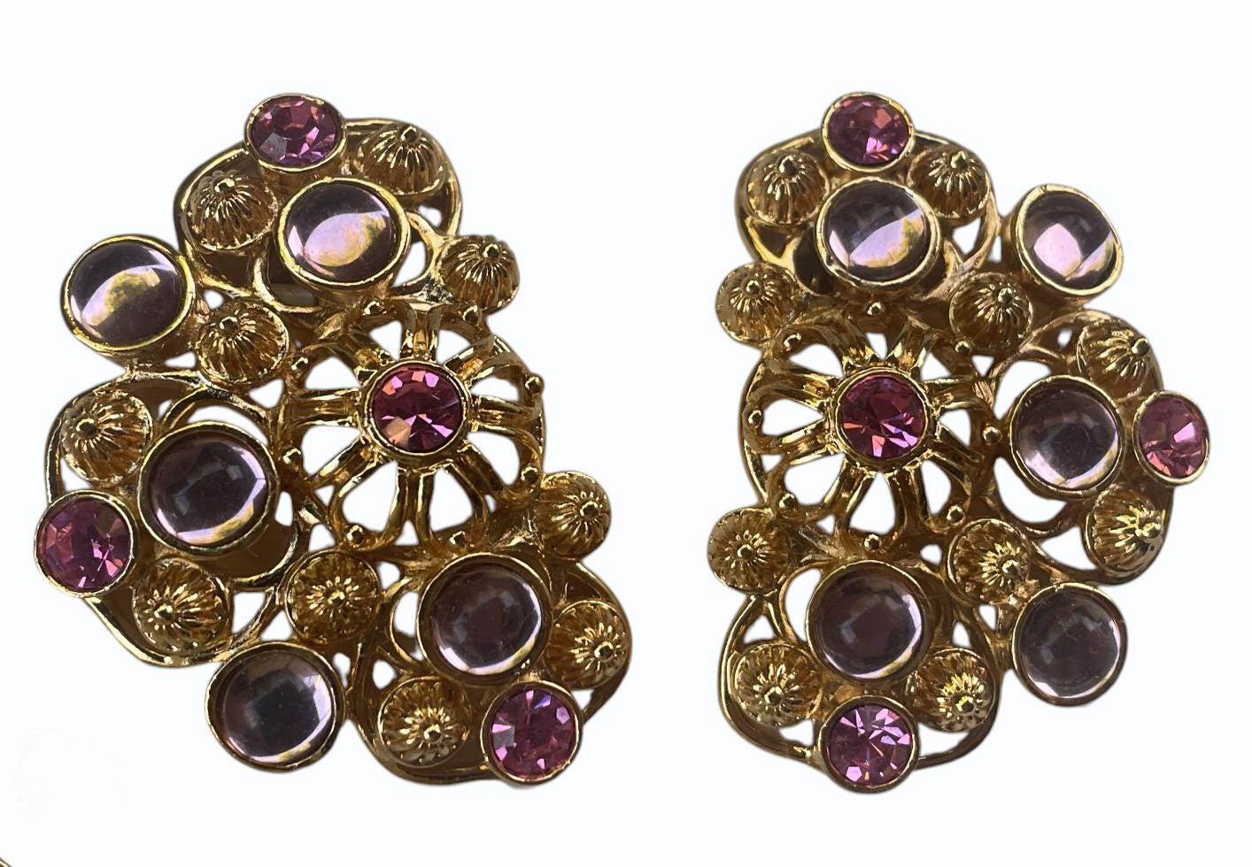 1992 Signed Barrera for Avon Marbella Necklace & Clip-On Earrings Set | Gold Tone Pink and Lavender Cabochon Designer Jewelry