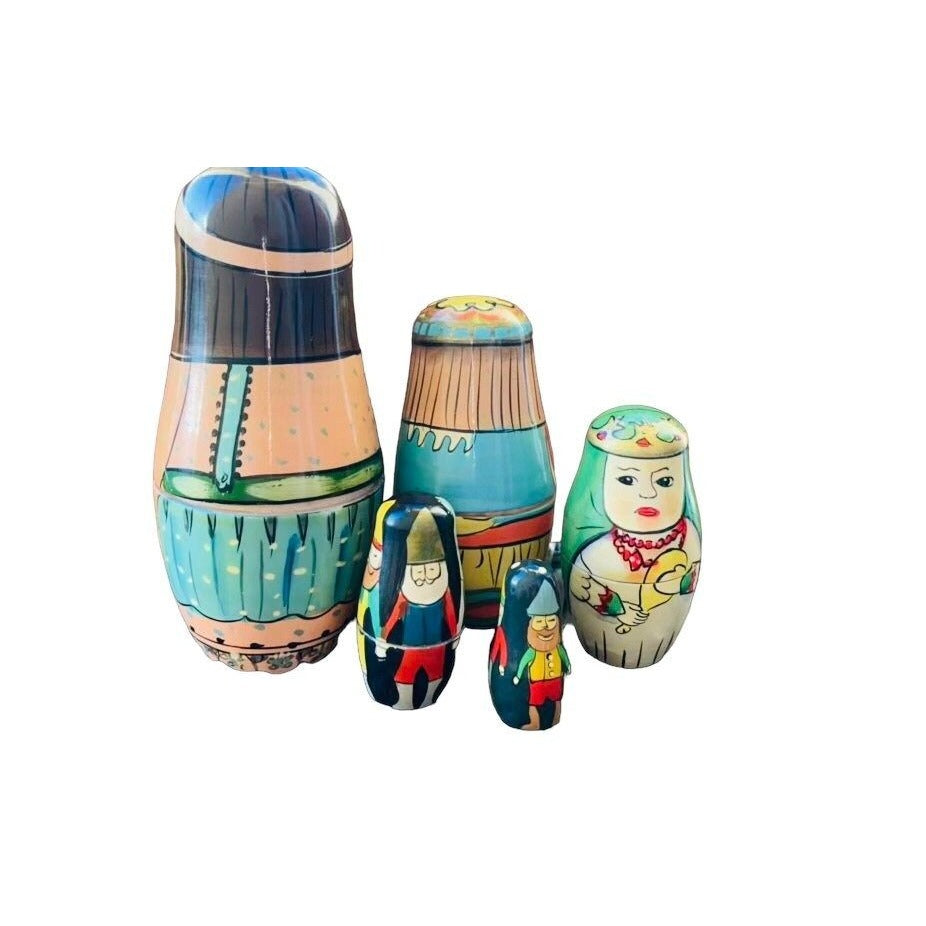 Set of five vintage handmade, hand signed Matryoshka stacking nesting Dolls