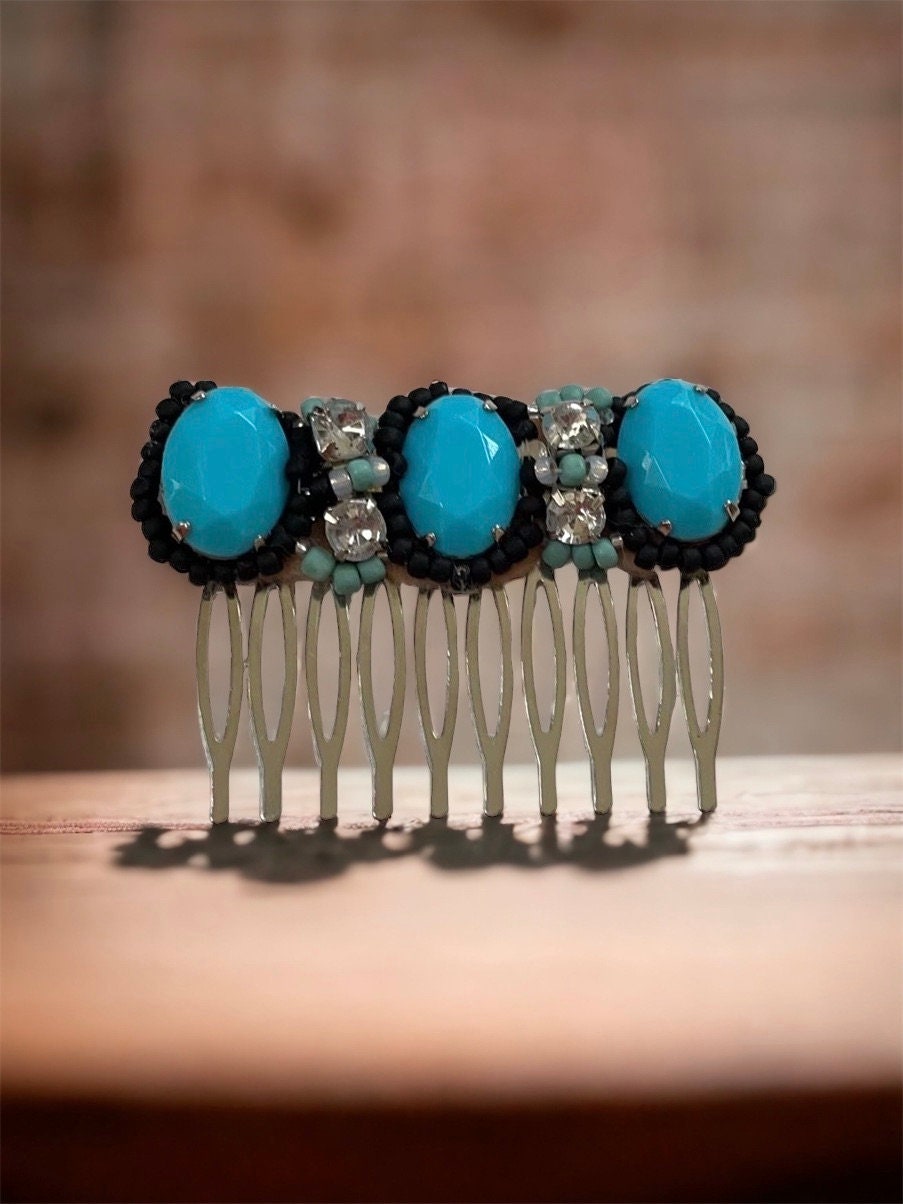 One-of-a-kind hand beaded hair comb - with rhinestones