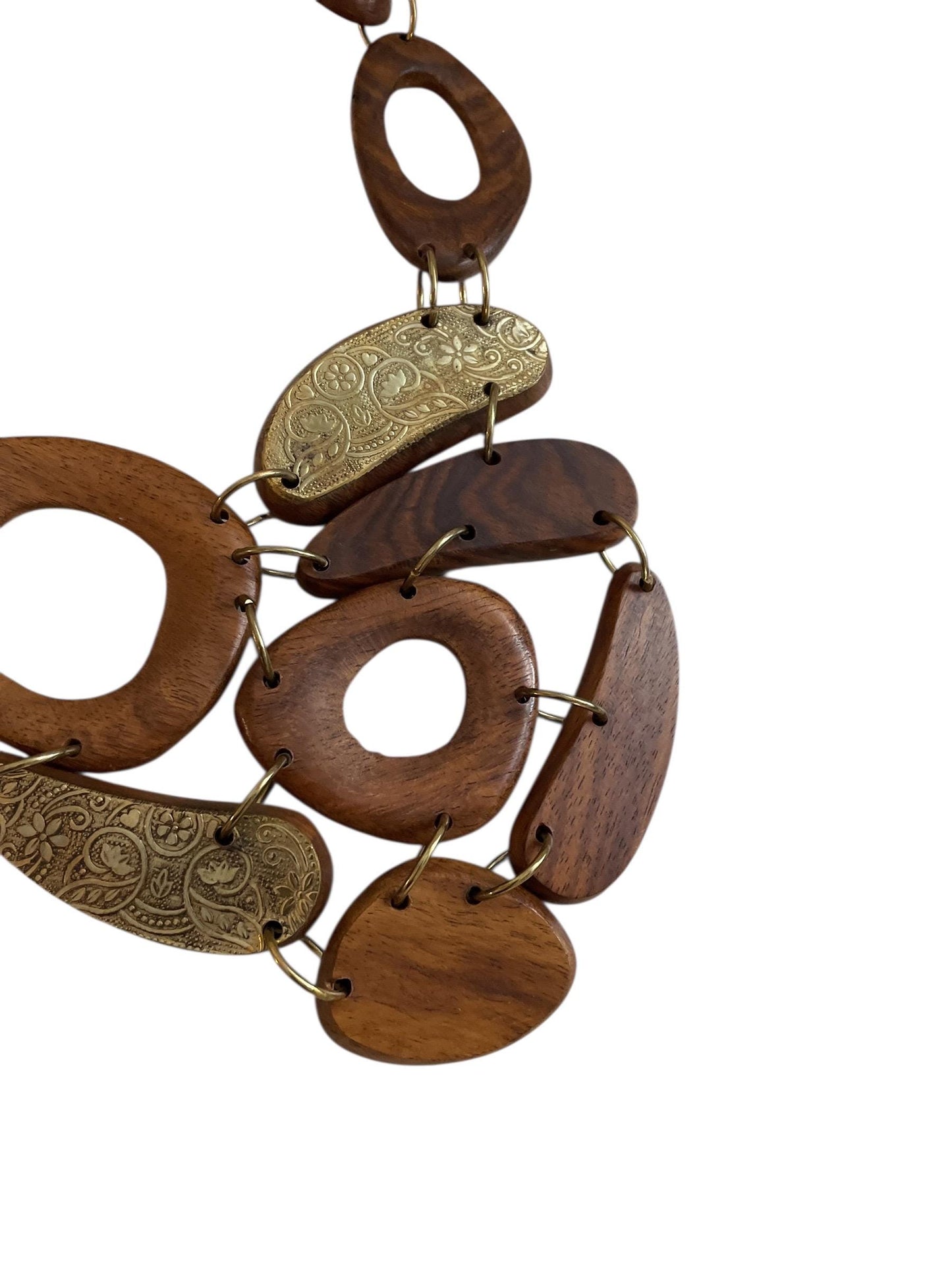 Vintage Wood Statement Necklace | Large Mixed Wood and Brass Tone Links | Boho Artisan Style Necklace | Chunky Wood Jewelry