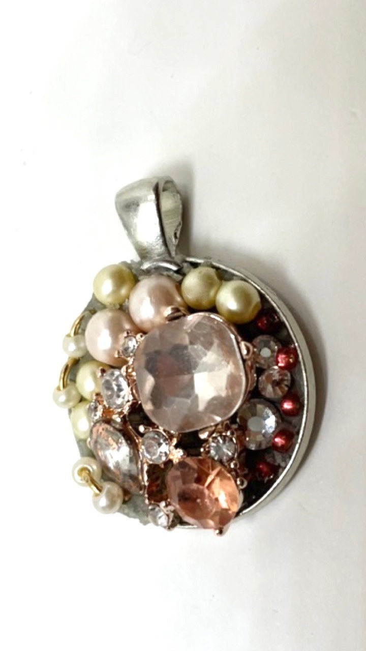 Inlaid faux pearls and rhinestones handmade mosaic necklace pendant - angel  - mixed materials