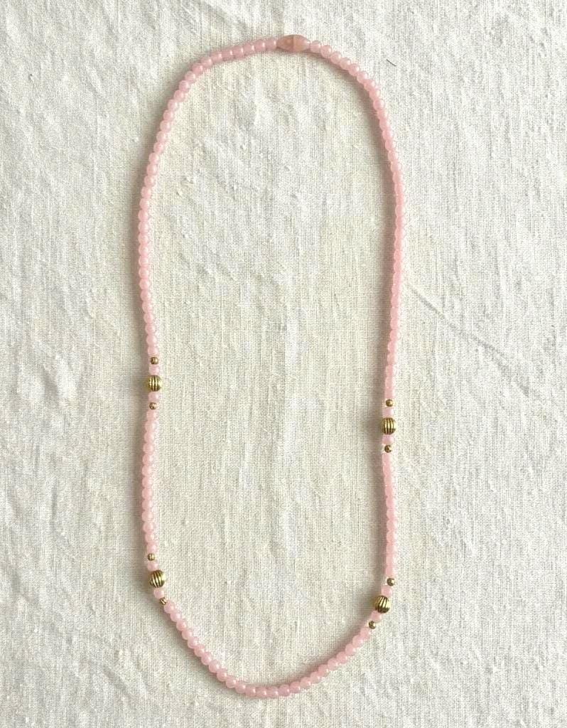 Vintage Pink Lucite Bead Necklace with Gold Ribbed Accent Beads, Blush Acrylic Statement Necklace, Minimalist Layering Jewelry