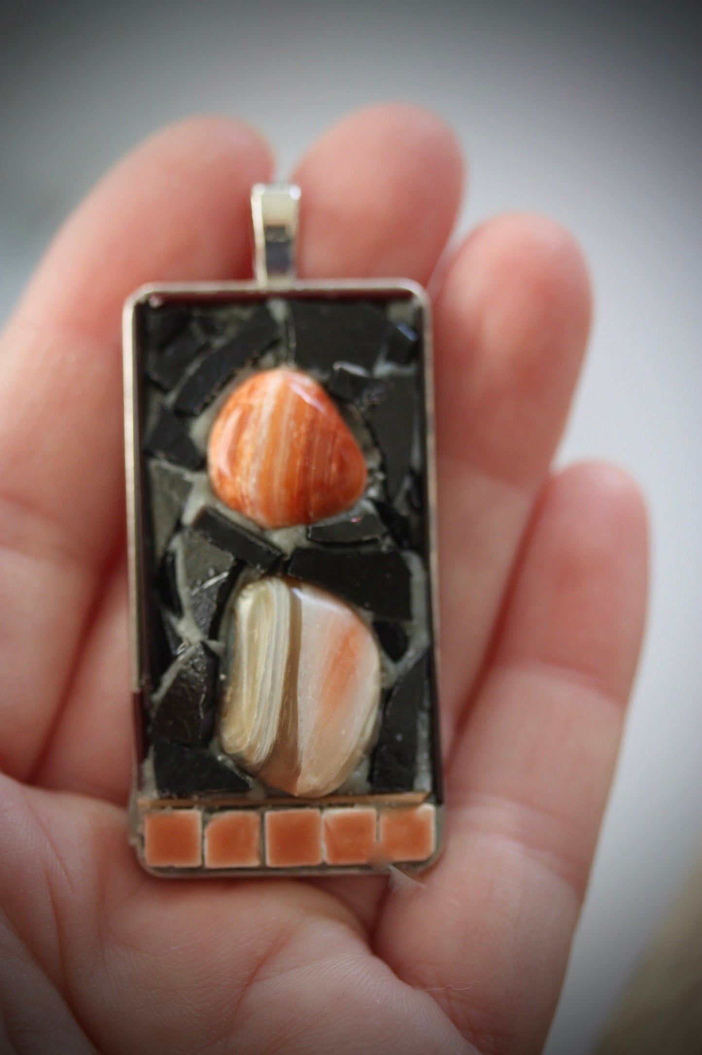 Handmade mixed material mosaic necklace - abalone, black glass, terra cotta orange colored ceramic