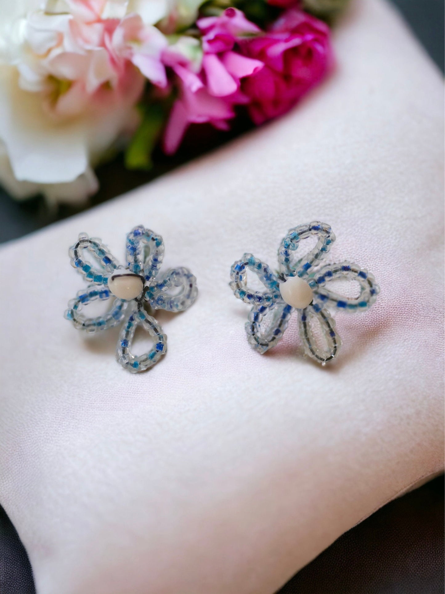 French beaded flower stud earrings