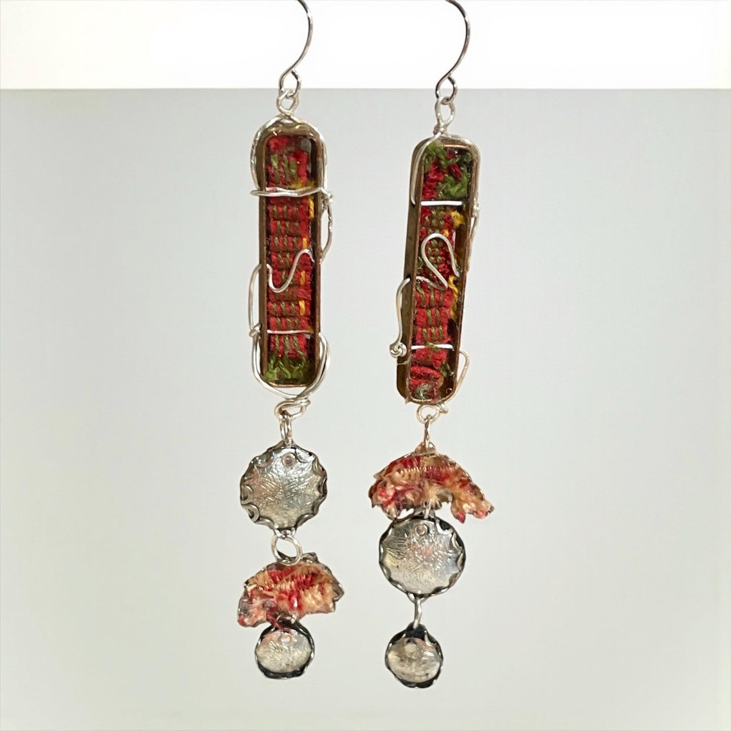 Handmade Textile & Silver Wire Dangle Earrings – Boho Fiber Art Jewelry, Mixed Media Statement Earrings