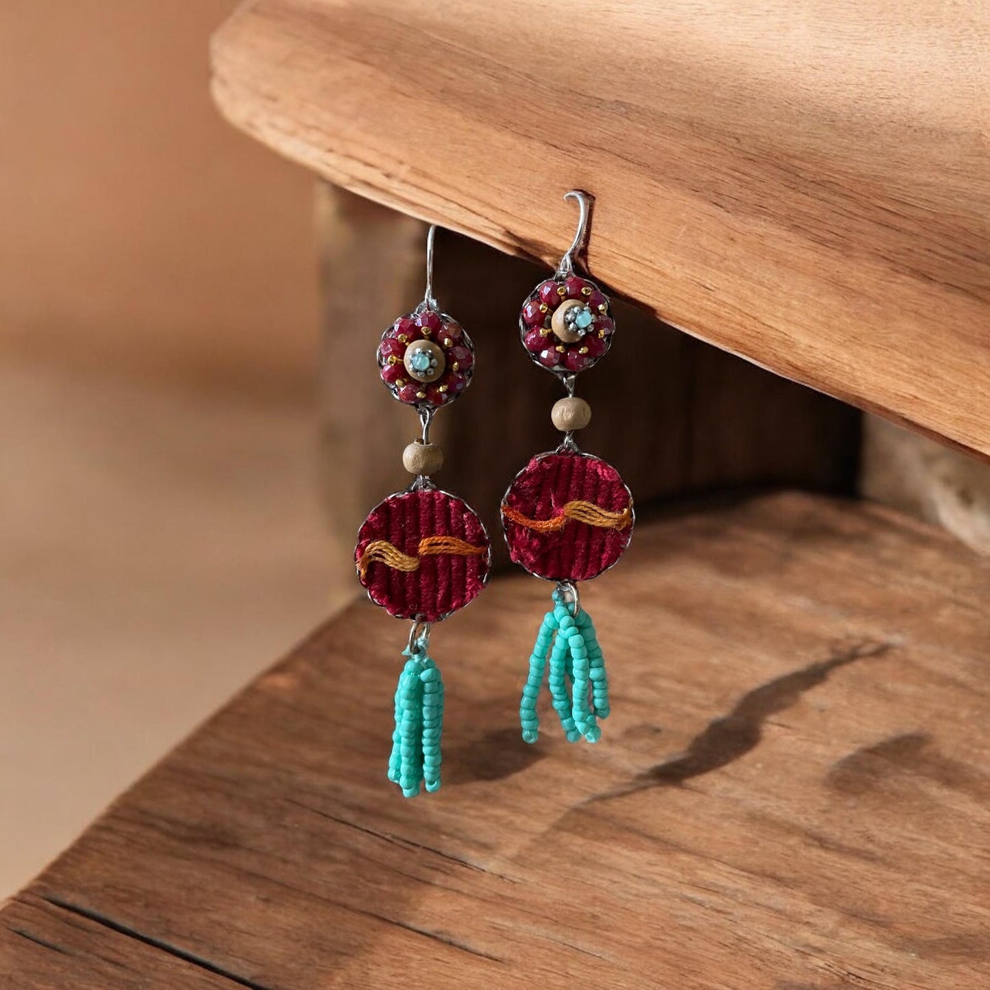 Collage earrings - "Red Sky" - fabric, wood, mixed metals, glass seed beads - sterling silver ear wires