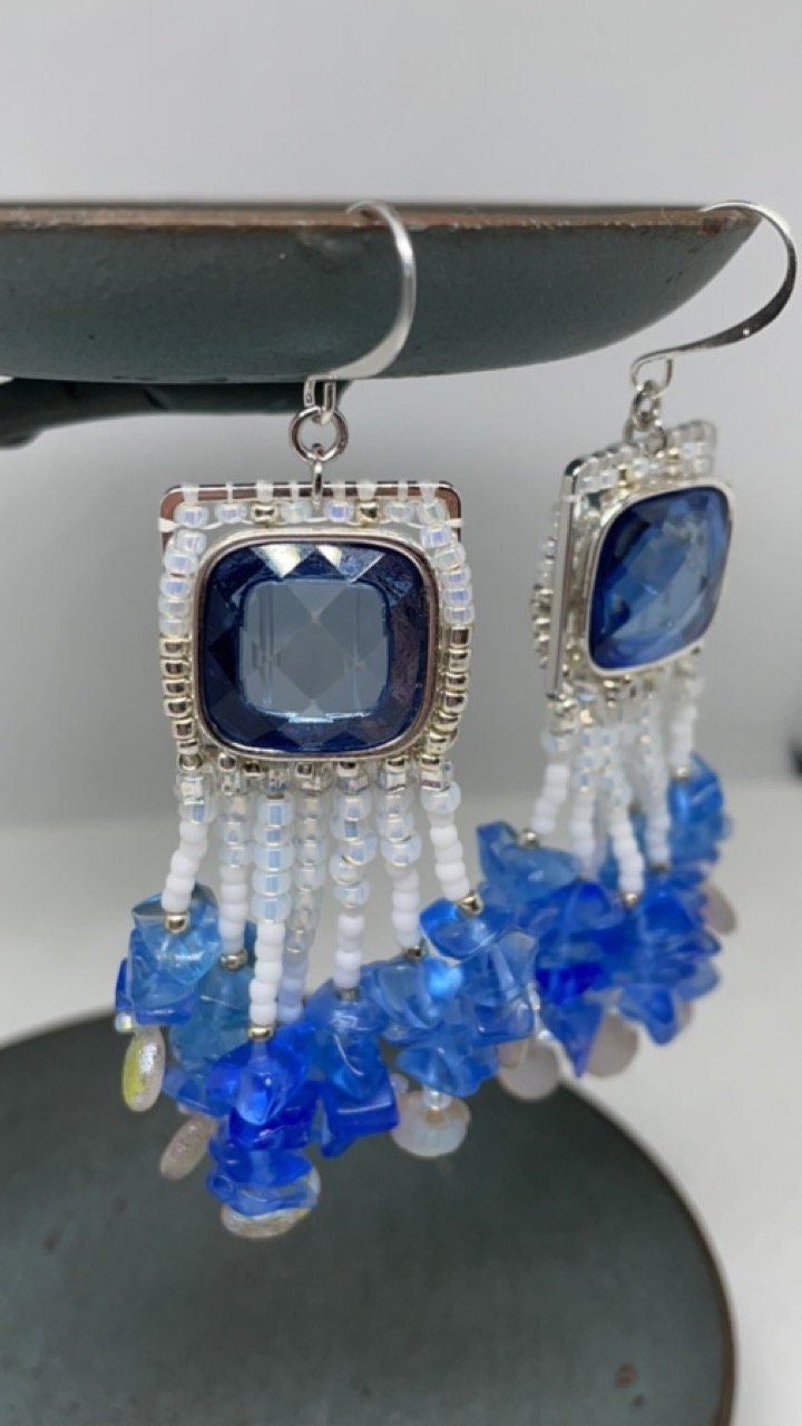 One-of-a-kind mixed material hand beaded dangle beadwork earrings - inspired by the beach - upcycled cabochons, blue glass chips, seed beads