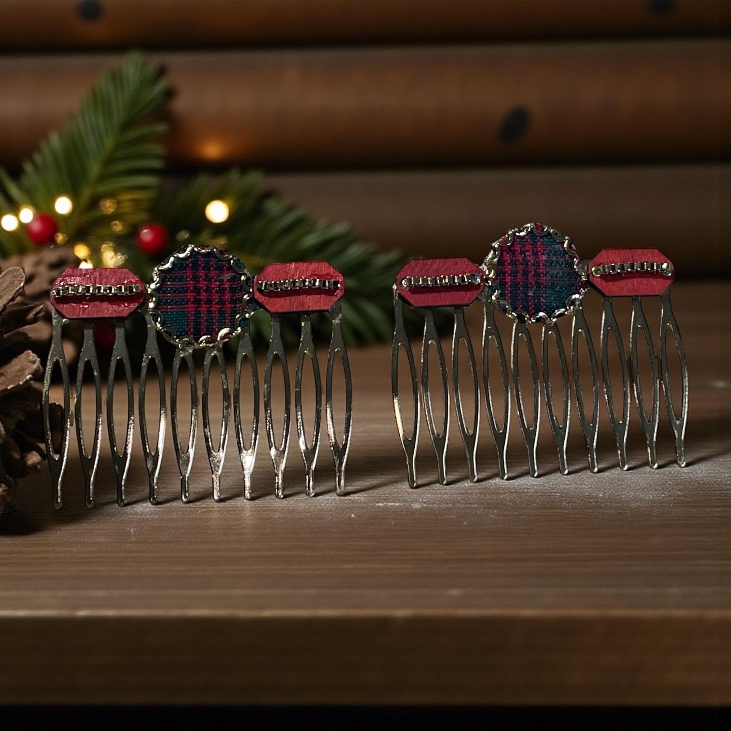 Handmade Christmas Hair Combs – Mixed Materials Holiday Hair Accessories with Tartan & Red Accents, Festive Winter Hair Clips (Set of 2)