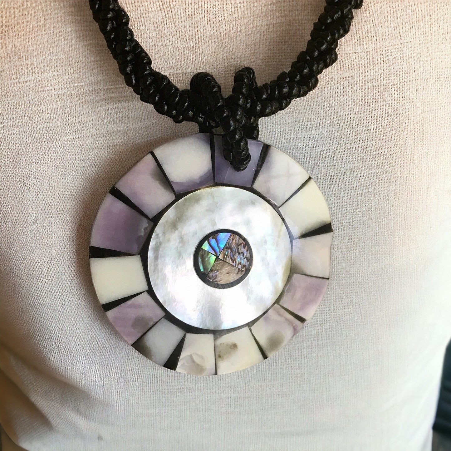 Vintage inlaid abalone and lavender mother of pearl on black multi strand seed beaded necklace