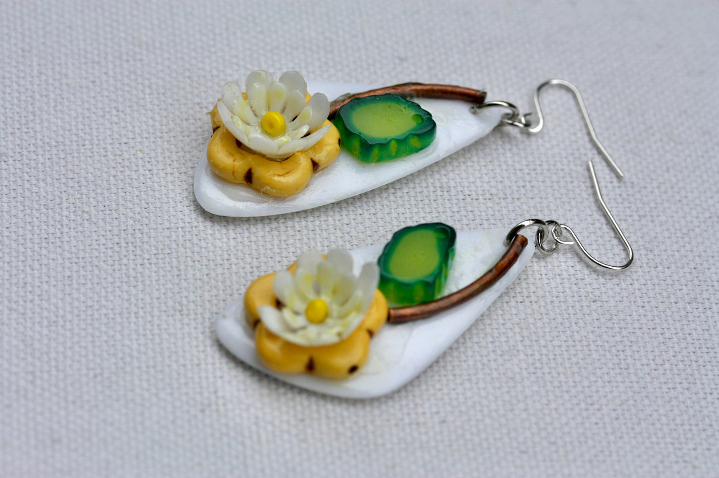 Unique Beadwork collage daisy flower earrings with sterling silver ear wires