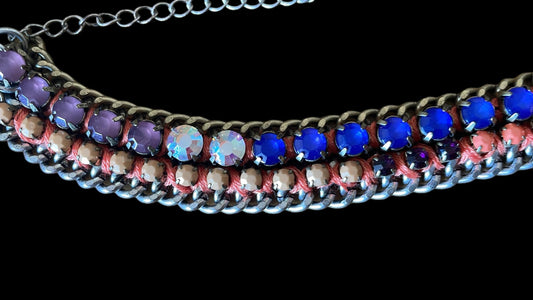 Unique vintage handmade bracelet with multi-colored rhinestones and mixed materials on a chain base, fits many wrist sizes with its extender