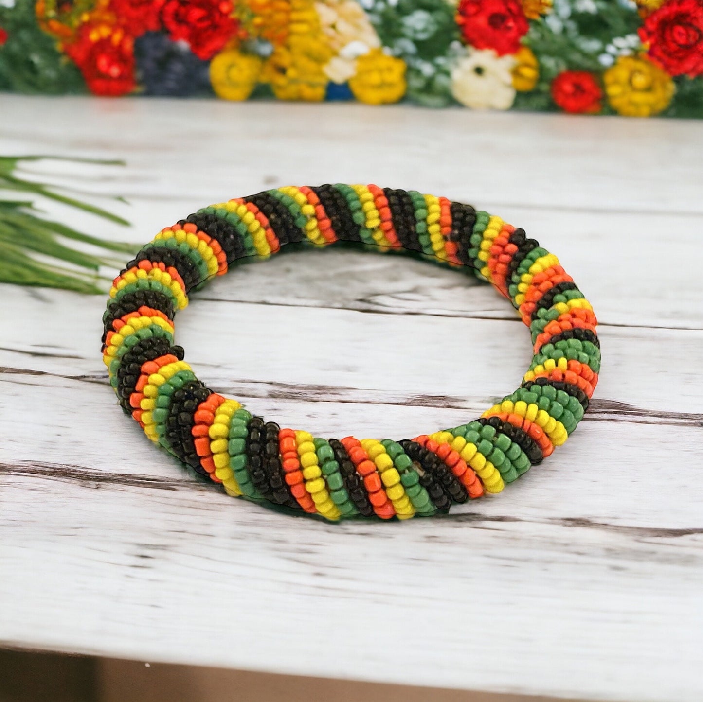 Seed beaded vintage bangle bracelet - Orange, yellow, green and black