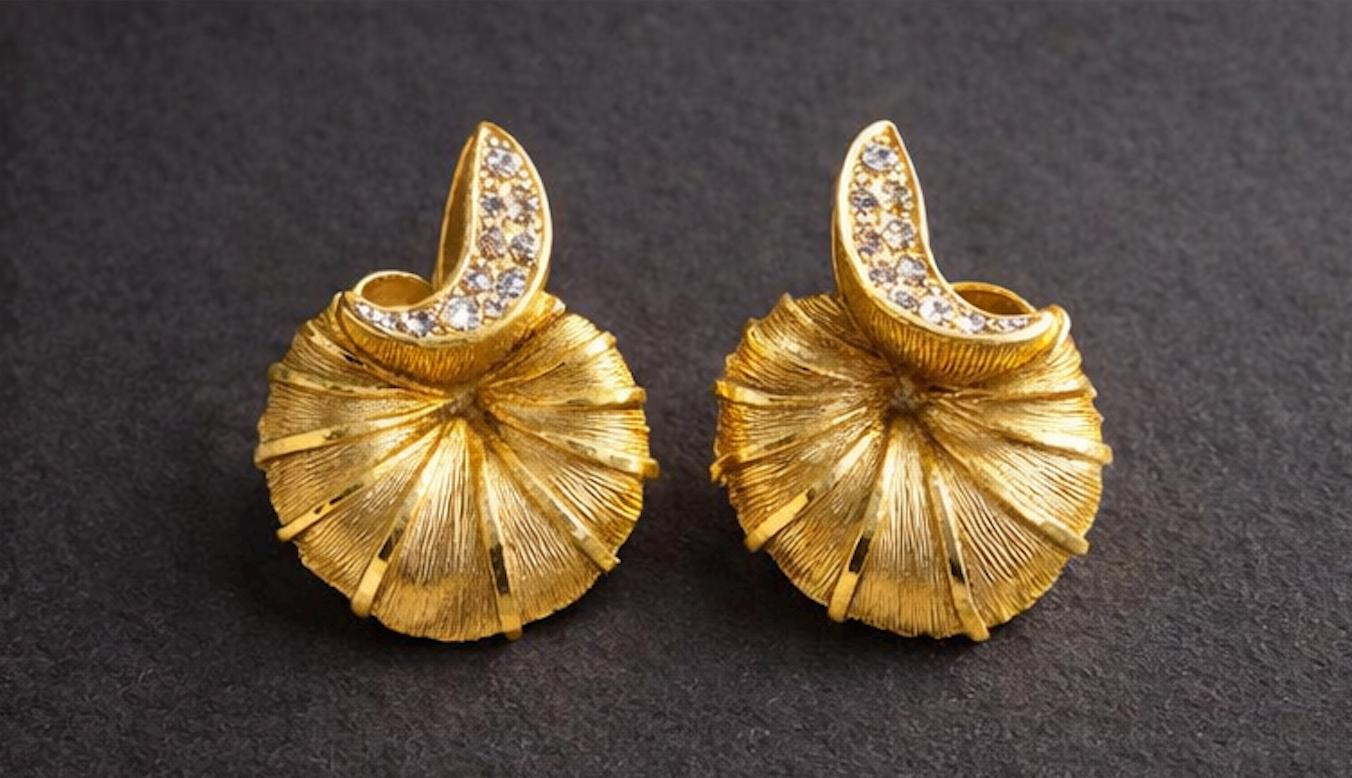 Vintage Gold Tone Clip Earrings Mid Century Fan Shell Design Rhinestone Accent Statement Earrings 1950s 1960s Retro Jewelry