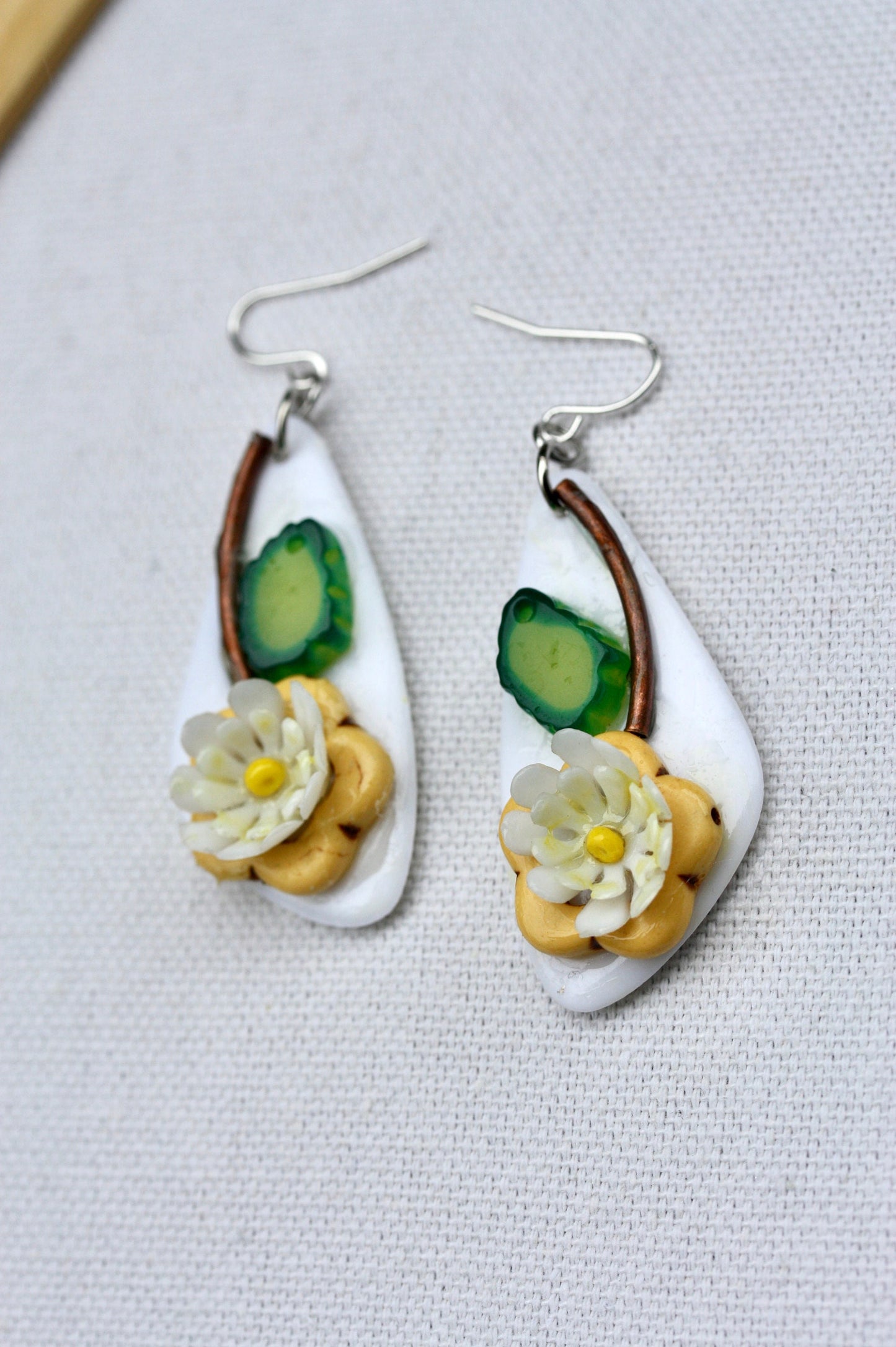 Unique Beadwork collage daisy flower earrings with sterling silver ear wires