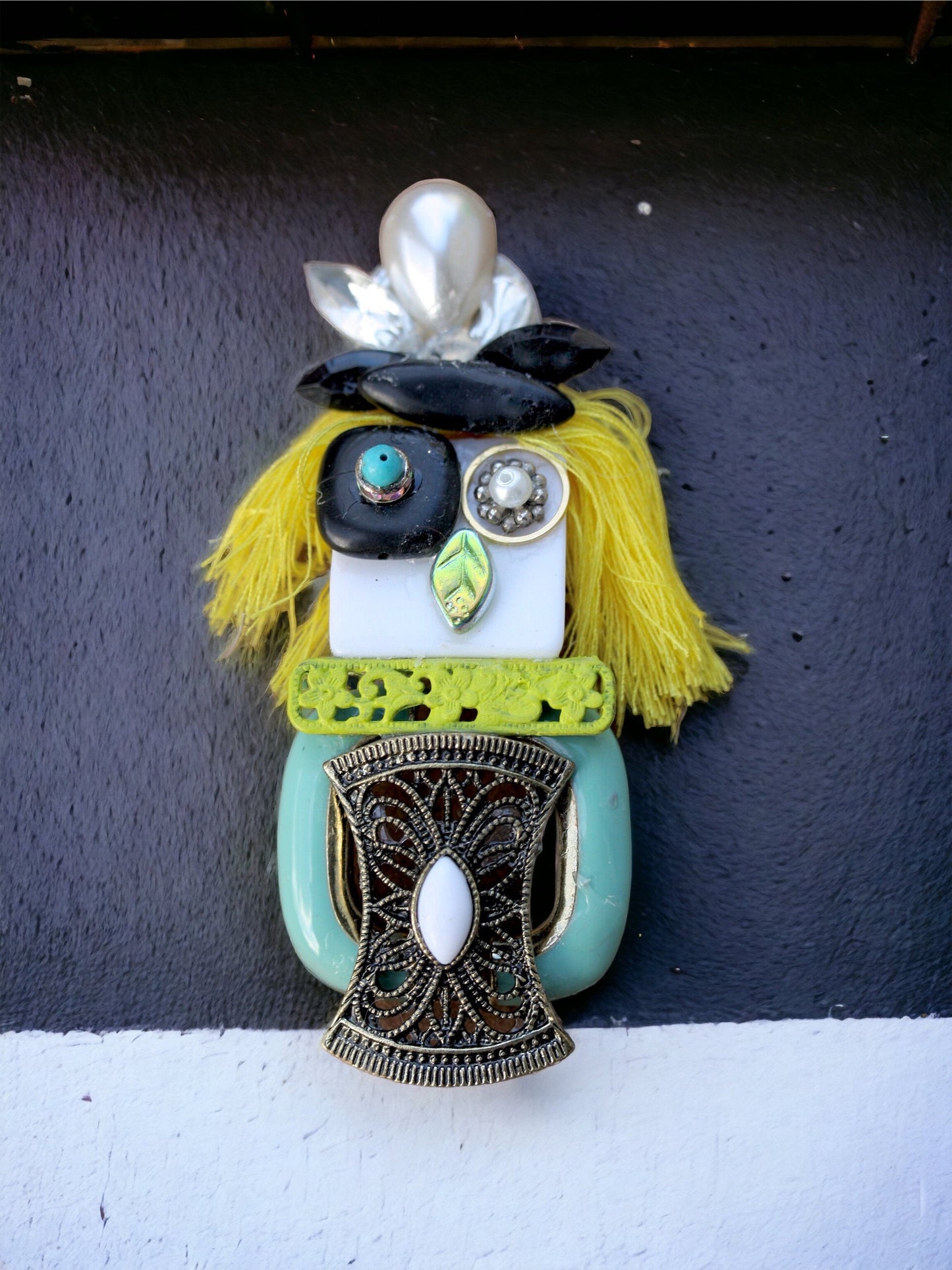 Meet "Abstract Bird Woman" - Assemblage art / mixed media collage - magnet or pin