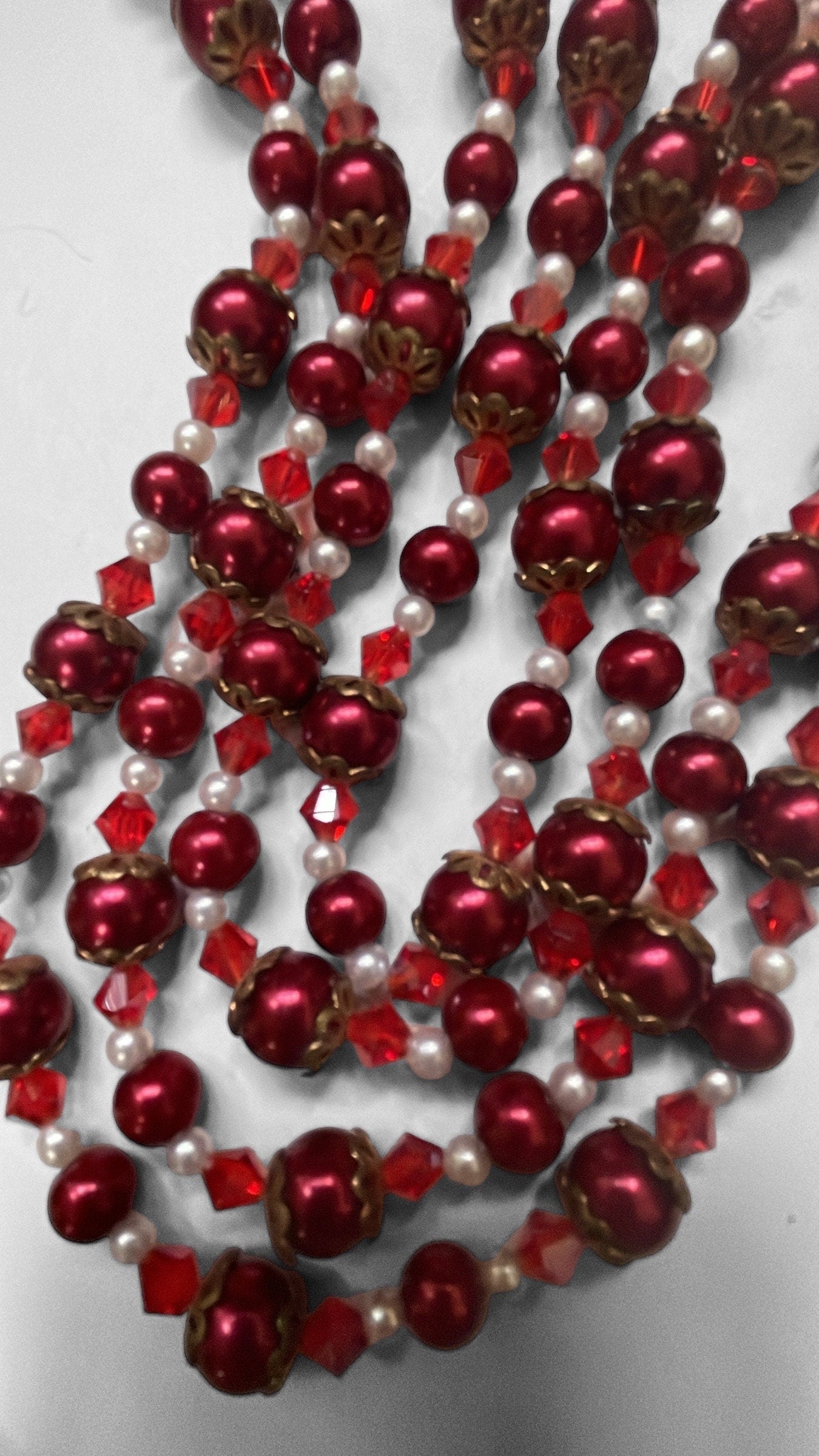 Long vintage red pearl necklace with red bicone crystals and white faux pearls