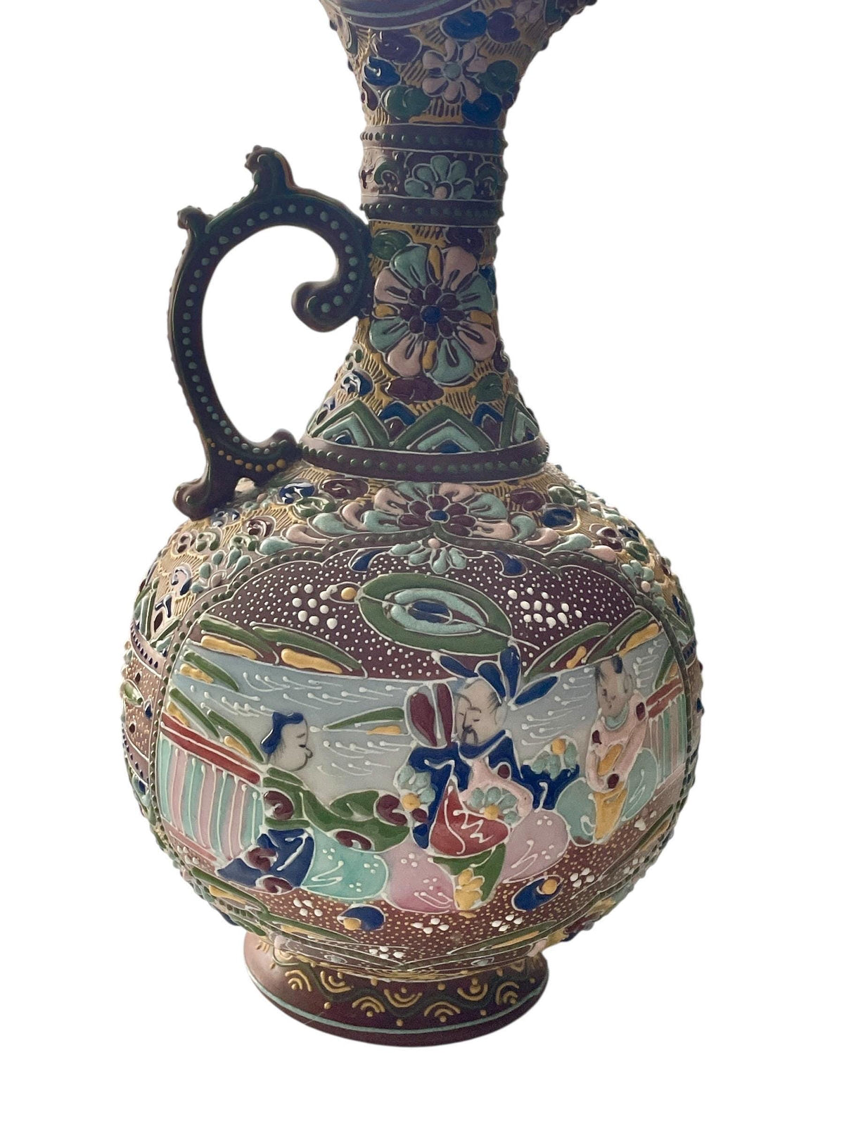 Antique Japanese Satsuma Moriage Pitcher | Hand Painted Figural Ewer Vase | Raised Enamel Gold Gilt | Meiji Style Art Pottery