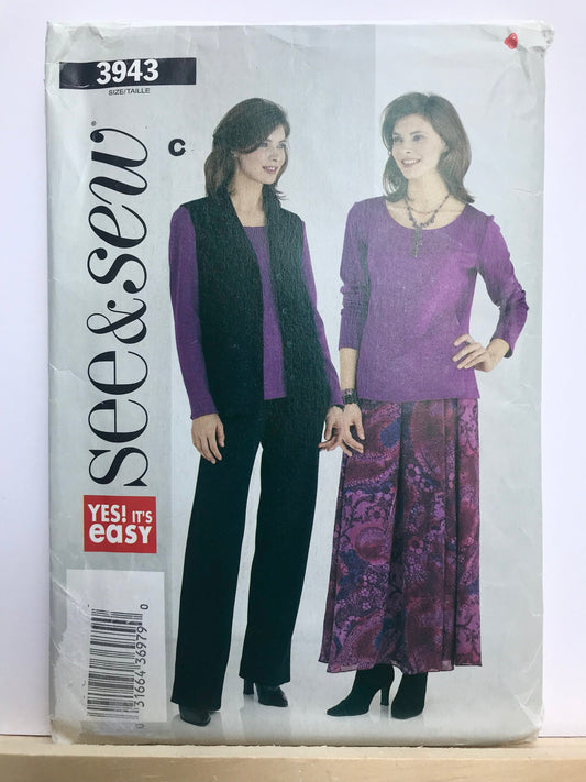 UNCUT Sewing Pattern - Butterick See & Sew 3943, Sizes 6 - 24,  Easy Pants, Shirt, Vest and Long Skirt