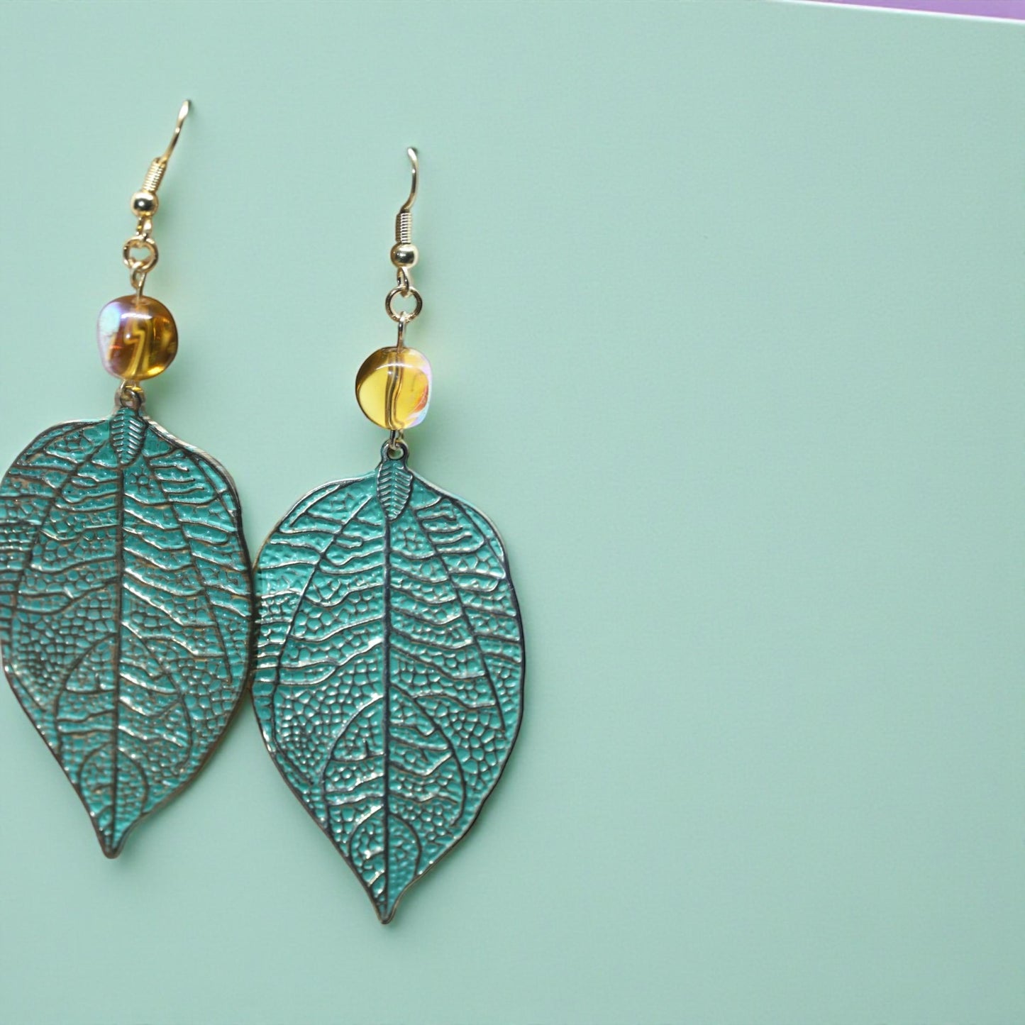 Handmade dangle earrings - Hand painted upcycled vintage leaf earrings with glass beads