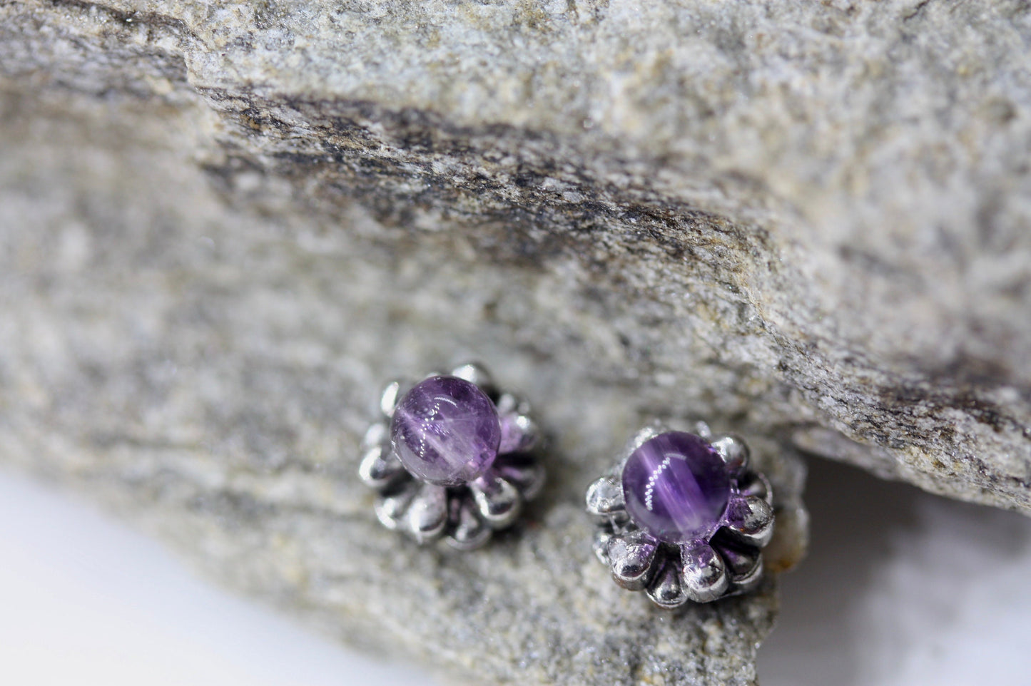 Tiny barely-there purple amethyst in silvertone circle minimalist stud earrings