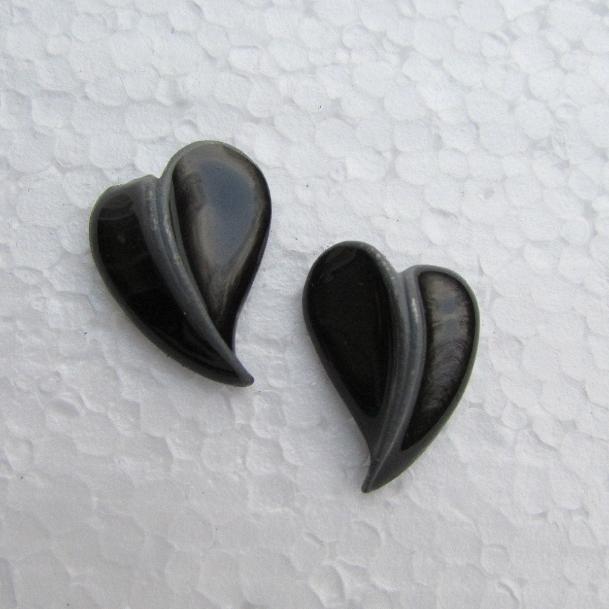 Unique black heart earrings - black shiny enamel over gray metal vintage heart earrings