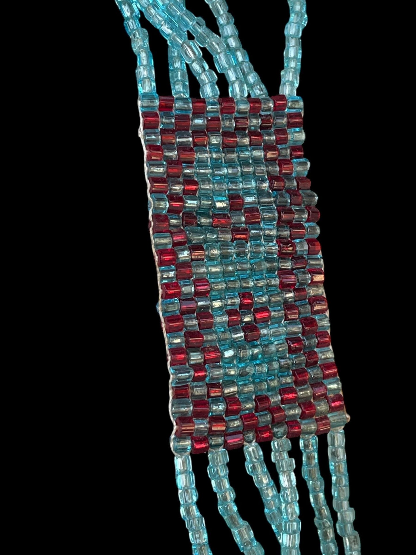 Stunning long multi-stranded vintage handmade all-beaded necklace - turquoise and red glass seed beads