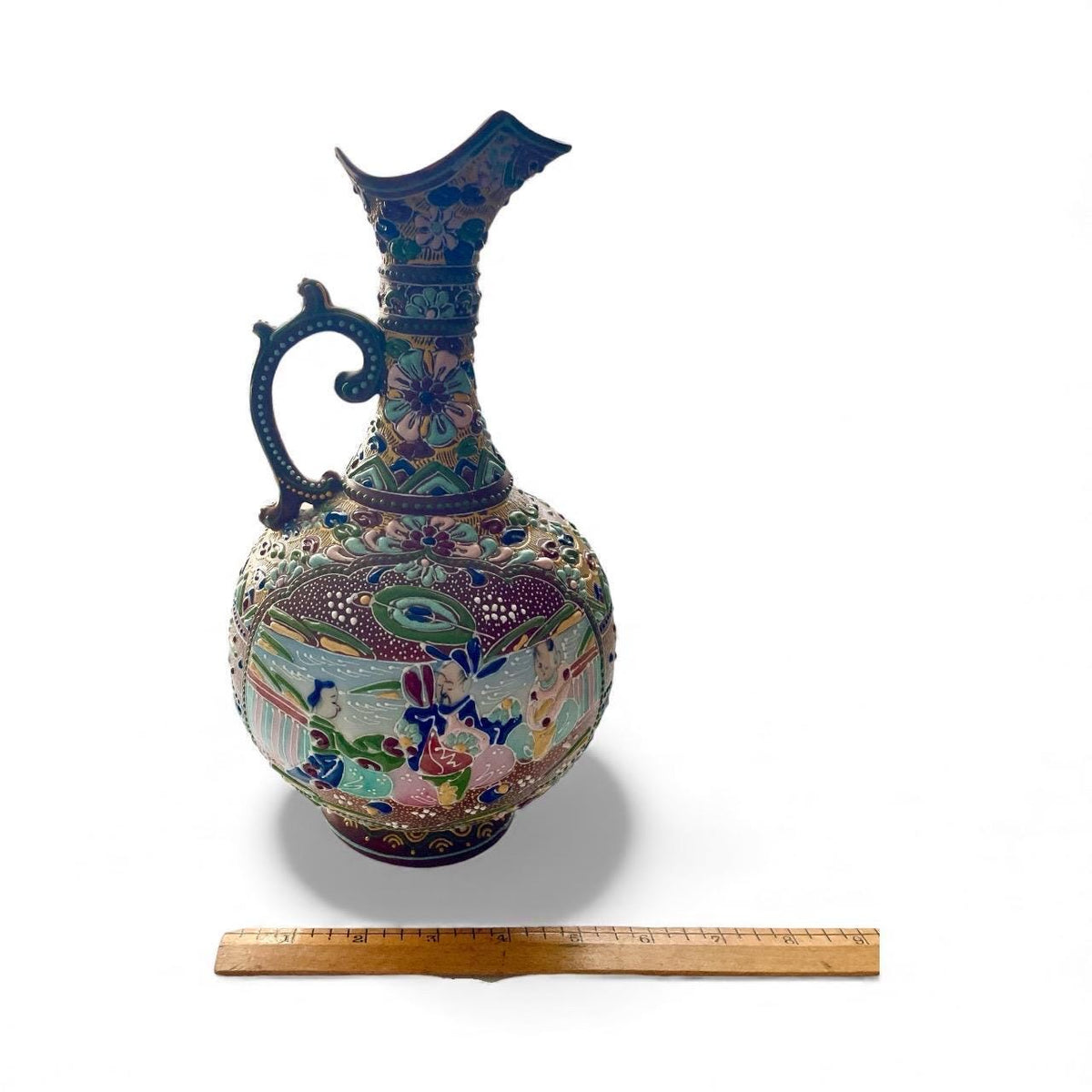 Antique Japanese Satsuma Moriage Pitcher | Hand Painted Figural Ewer Vase | Raised Enamel Gold Gilt | Meiji Style Art Pottery