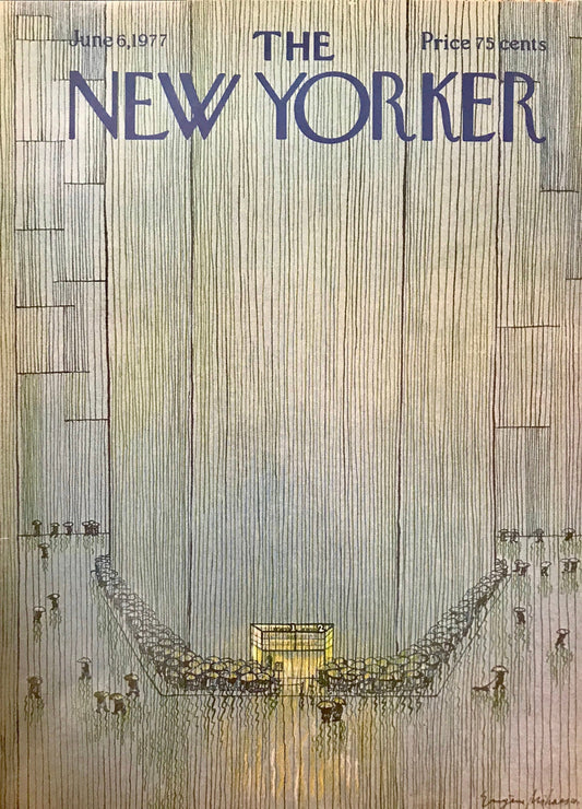 The NEW YORKER magazine cover only - June 6, 1977 - People waiting in the rain outside a movie theater