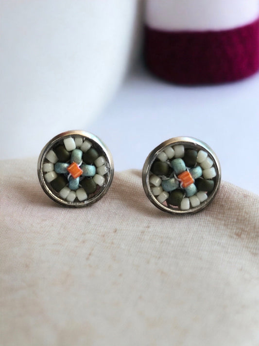 Stunning beadwork small stud earrings - light  turquoise, orange and olive green