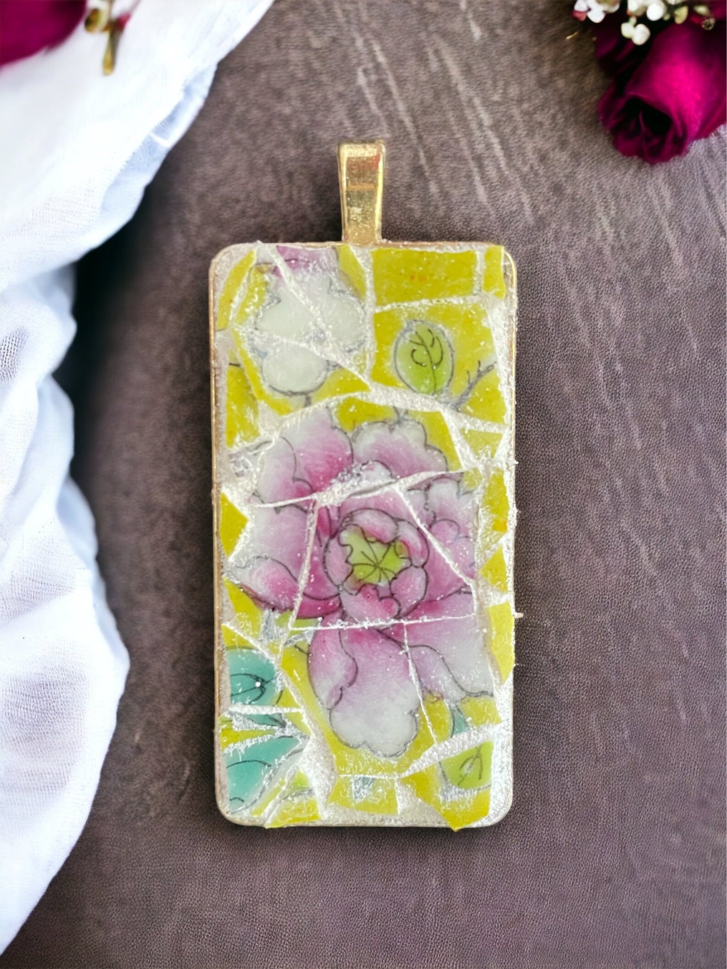 Handmade mosaic floral necklace - made of an upcycled broken vintage plate
