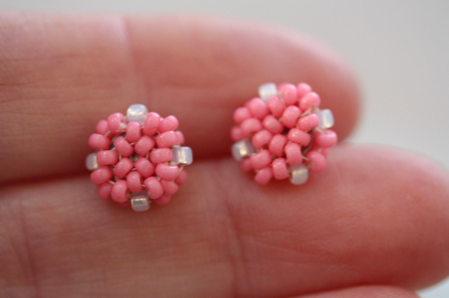Hand beaded stud earrings - pink and white - studs, beadwork studs, beaded studs