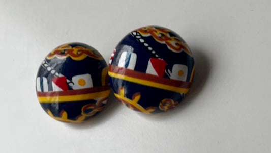 Vintage painted ship boating yacht sailing earrings - round painted wood - for pierced ears