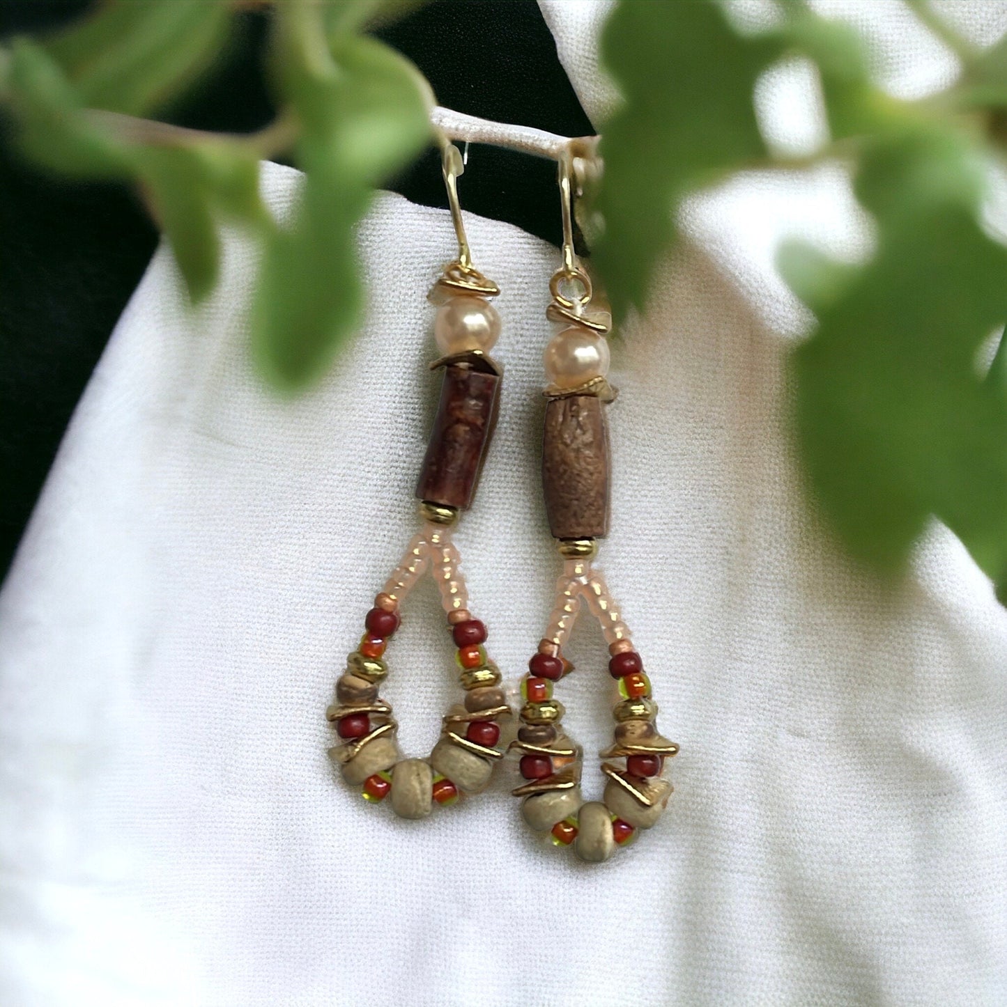 Hand beaded stunning dangle beadwork earrings - ombre shades of glass seed beads with wood, rippled metal spacers and pearls