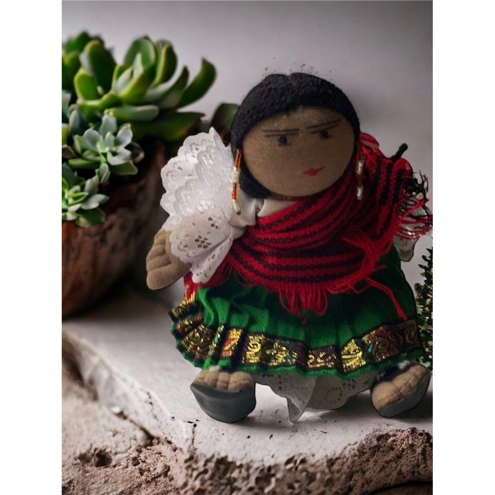 Stunning vintage Mexican? girl doll with braids, sandals and traditional clothing