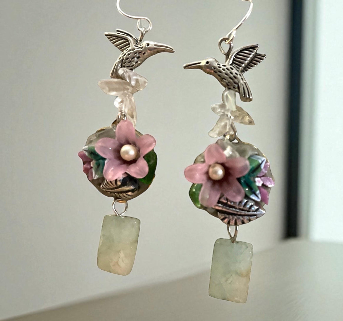 Handmade Micromosaic Dangle Earrings | Murrini Glass, Acrylic Flower, Hummingbird Charm, inlaid glass, Green Stone | Unique Art Jewelry Gift