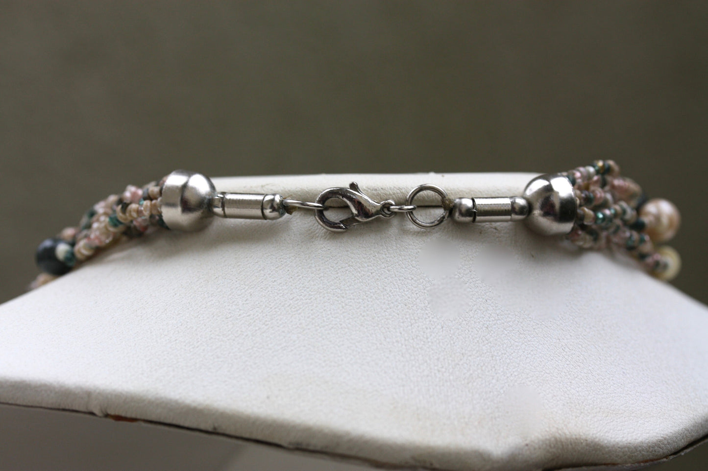 Stunning mixed material -  shades of pink, green and cream multi strand vintage necklace with adjustable hoops