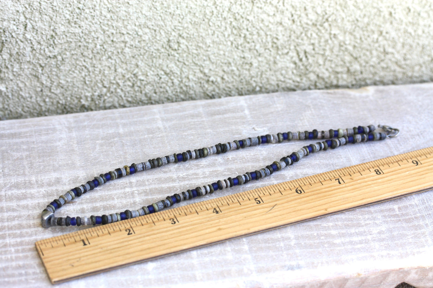 Mixed materials - heishi beads and tiny royal blue glass simple stunning vintage necklace
