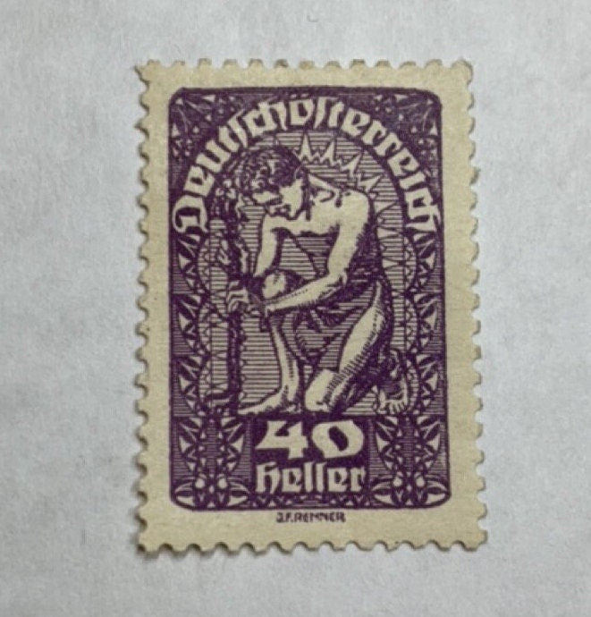 Tiny square stud earrings made from genuine antique postage stamp - 40 Heller Republic of German-Austria postage stamp issued 1919-1920