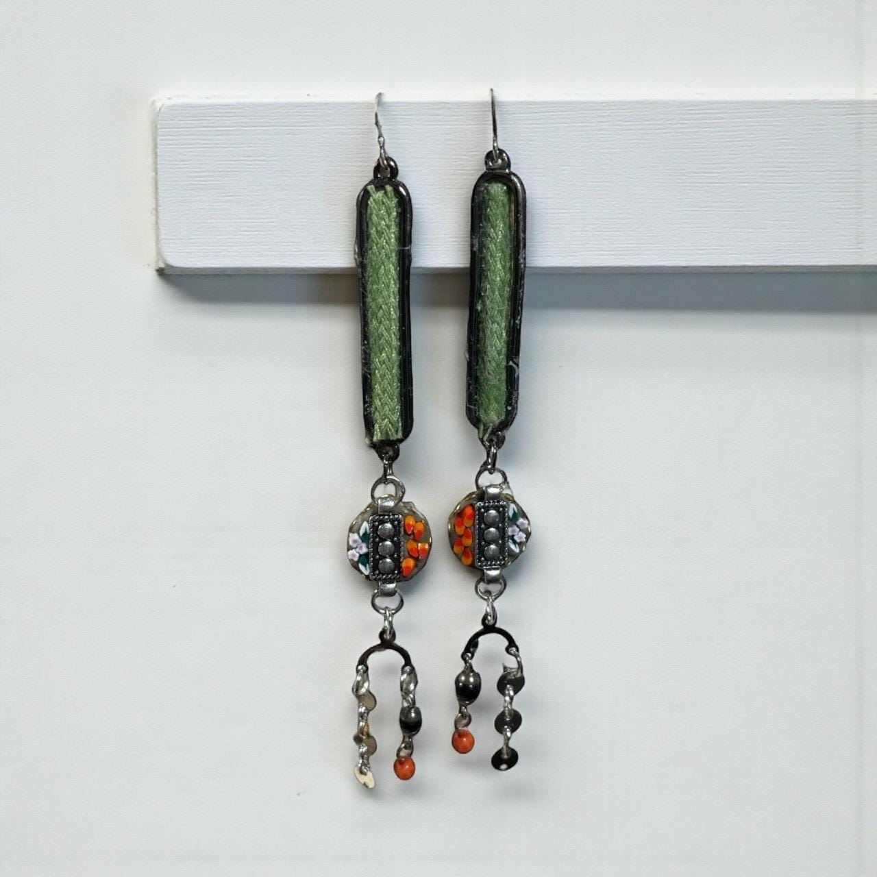 Handcrafted Boho Mosaic Dangle Earrings –Green Woven Fabric & Beaded Drop Earrings, Artisan Statement Jewelry, Colorful Mixed Media Earrings