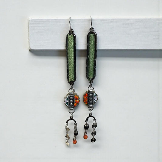 Handcrafted Boho Mosaic Dangle Earrings –Green Woven Fabric & Beaded Drop Earrings, Artisan Statement Jewelry, Colorful Mixed Media Earrings