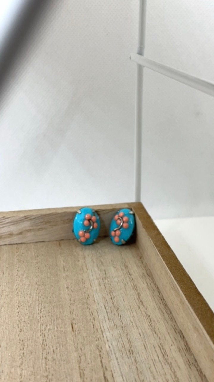 Asian inspired blue and peach floral handmade stud earrings with sterling silver ear wires