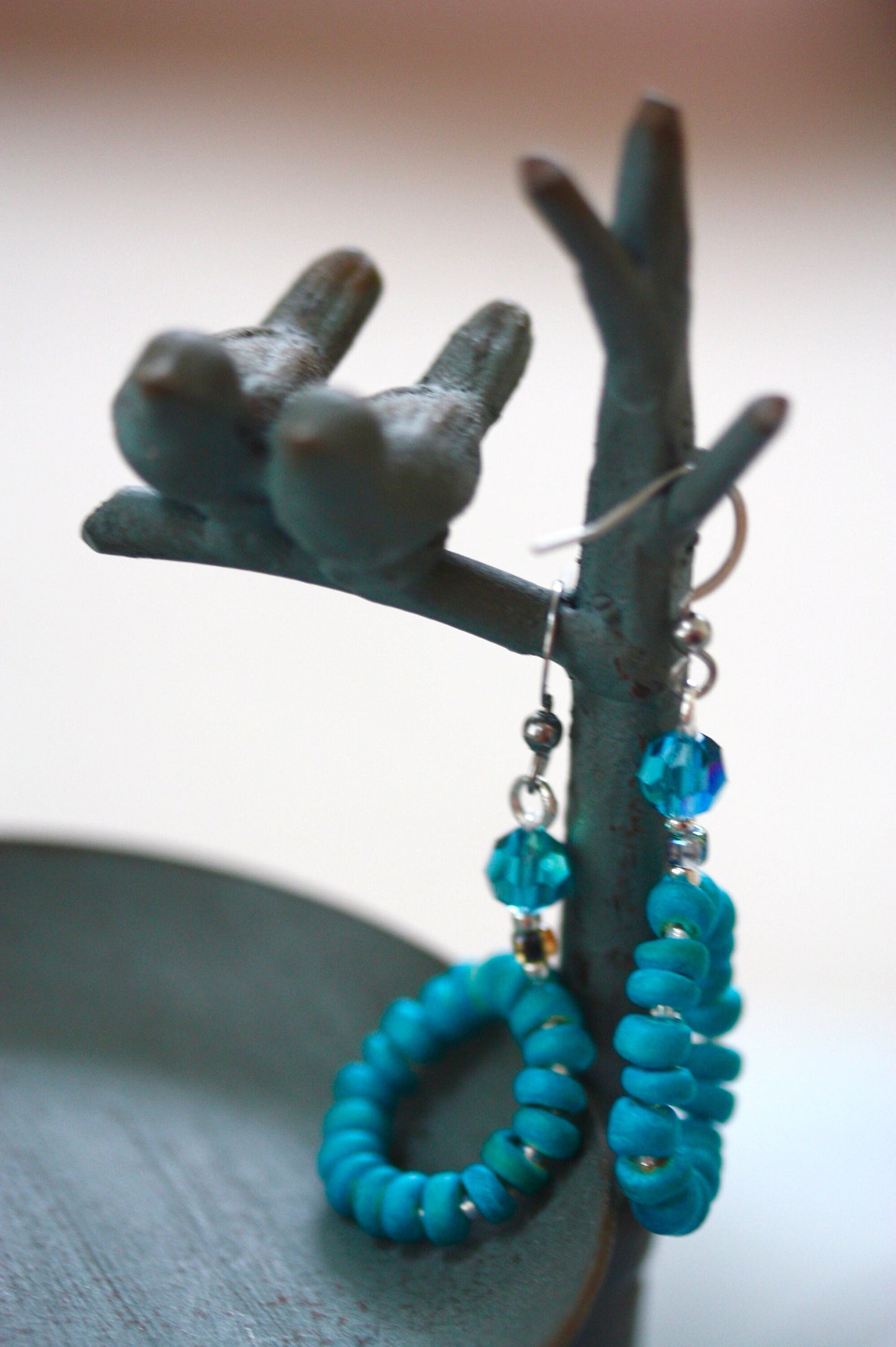 Blue wood heishi beads with crystal white glass spacers and blue faceted crystal dangle hoop earrings - vintage and new materials