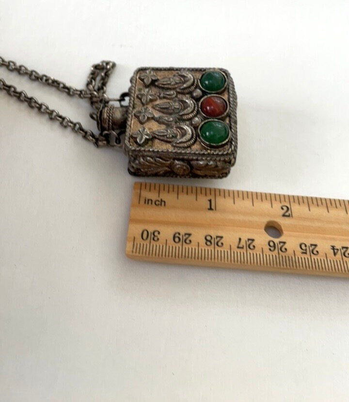 Stunning inlaid gemstone jeweled Tibetan Perfume Bottle Pendant Necklace, prayer box, snuff bottle