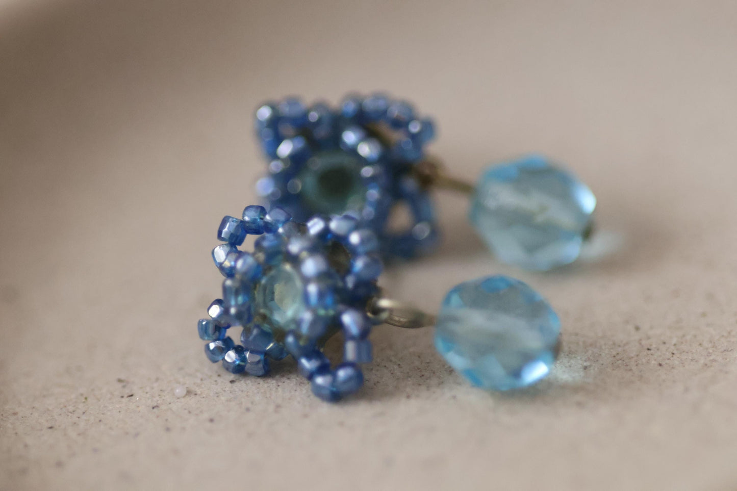 Blue Beaded Earrings with Light Blue Crystal Dangles, Vintage Dangle Earrings, Boho Drop Earrings Gift for Her