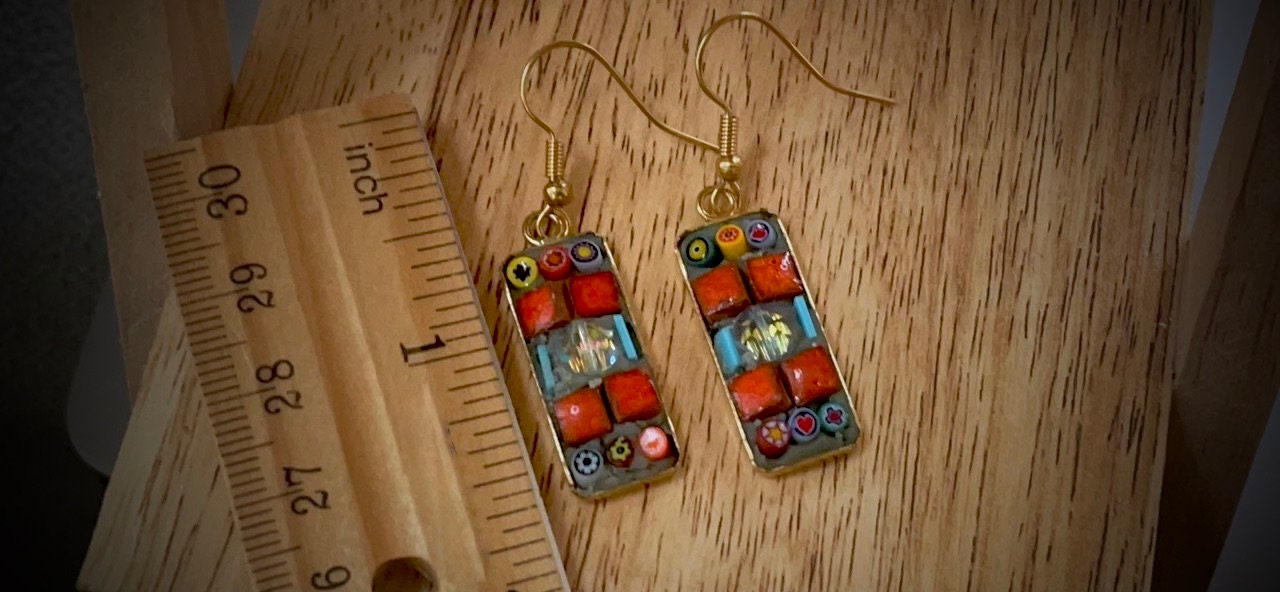 Small handmade micro mosaic glass and tile earrings with vintage crystal center and tiny strips of hand cut blue glass