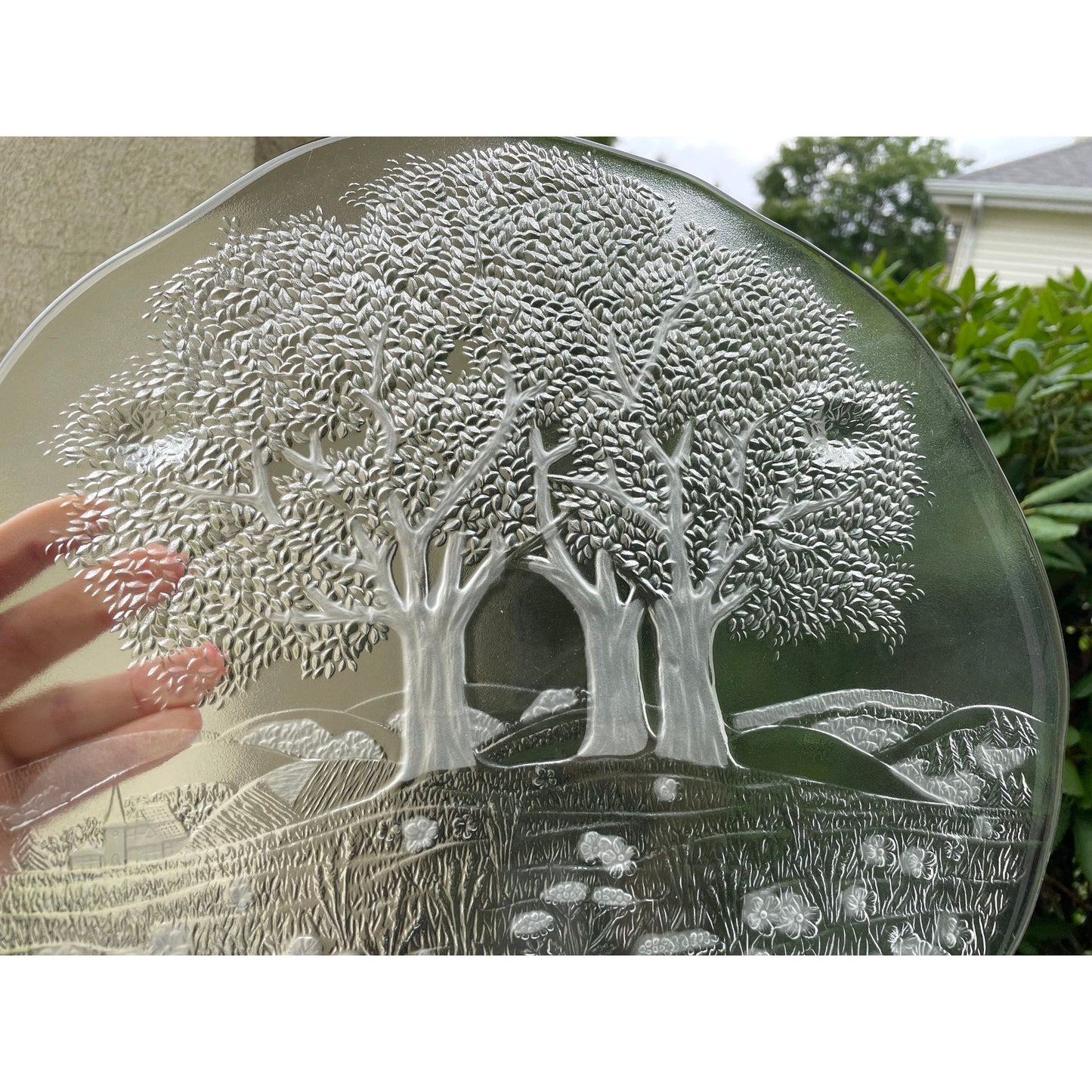 Etched glass trees and flower garden landscape vintage cake plate